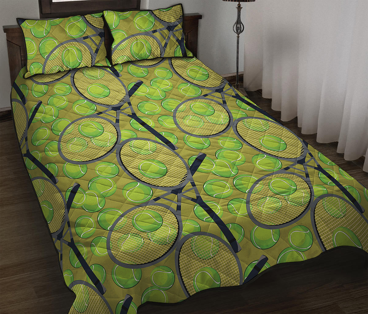 Tennis Ball And Racket Pattern Print Quilt Bed Set
