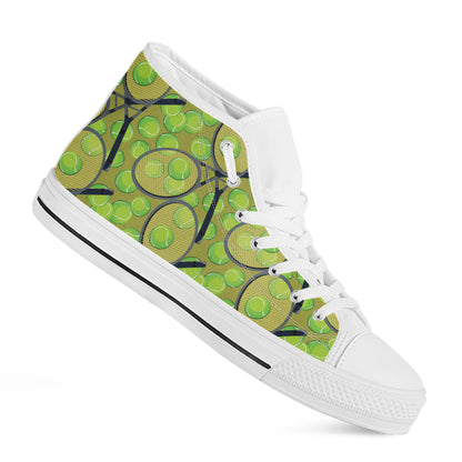 Tennis Ball And Racket Pattern Print White High Top Shoes