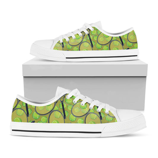 Tennis Ball And Racket Pattern Print White Low Top Shoes