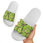 Tennis Ball And Racket Pattern Print White Slide Sandals