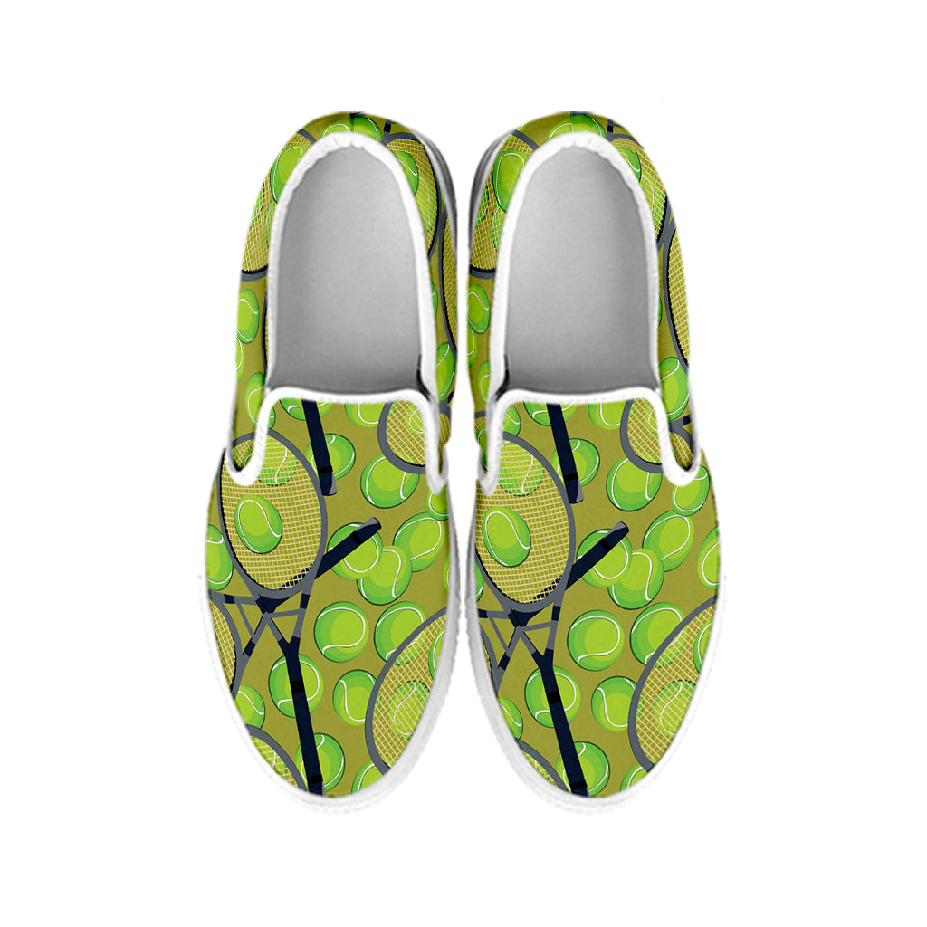 Tennis Ball And Racket Pattern Print White Slip On Shoes