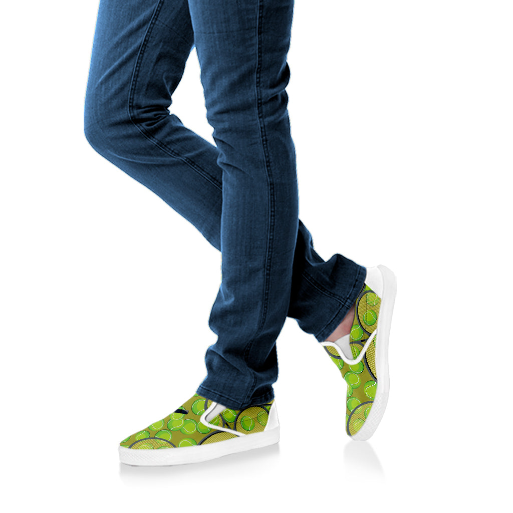 Tennis Ball And Racket Pattern Print White Slip On Shoes