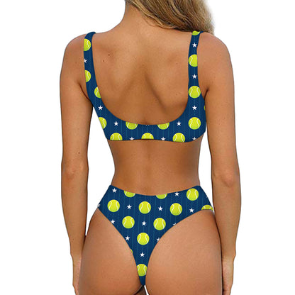Tennis Sport Pattern Print Front Bow Tie Bikini