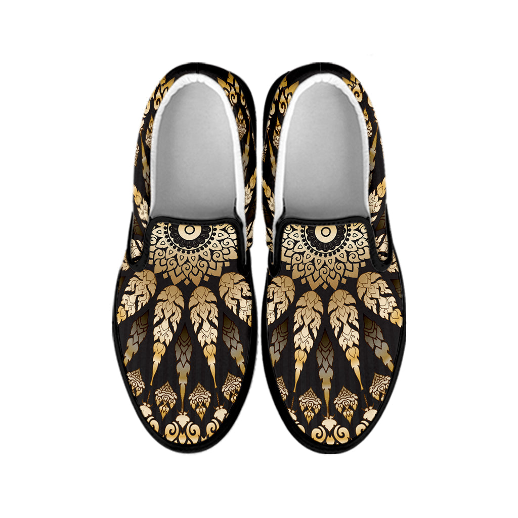 Thai Mandala Print Black Slip On Shoes