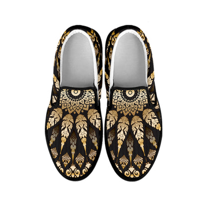Thai Mandala Print Black Slip On Shoes