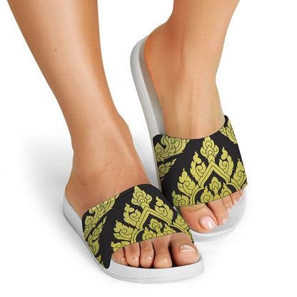 Thai Ornament Pattern Print White Slide Sandals