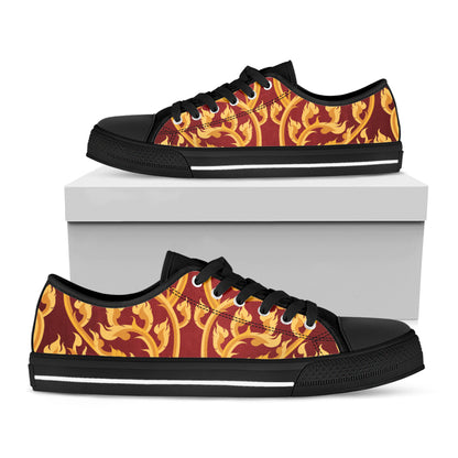 Thai Winding Vines Pattern Print Black Low Top Shoes