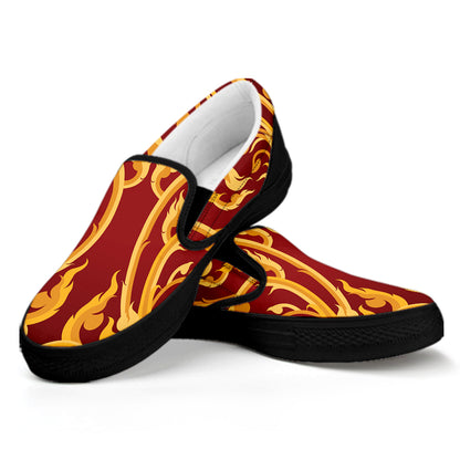 Thai Winding Vines Pattern Print Black Slip On Shoes