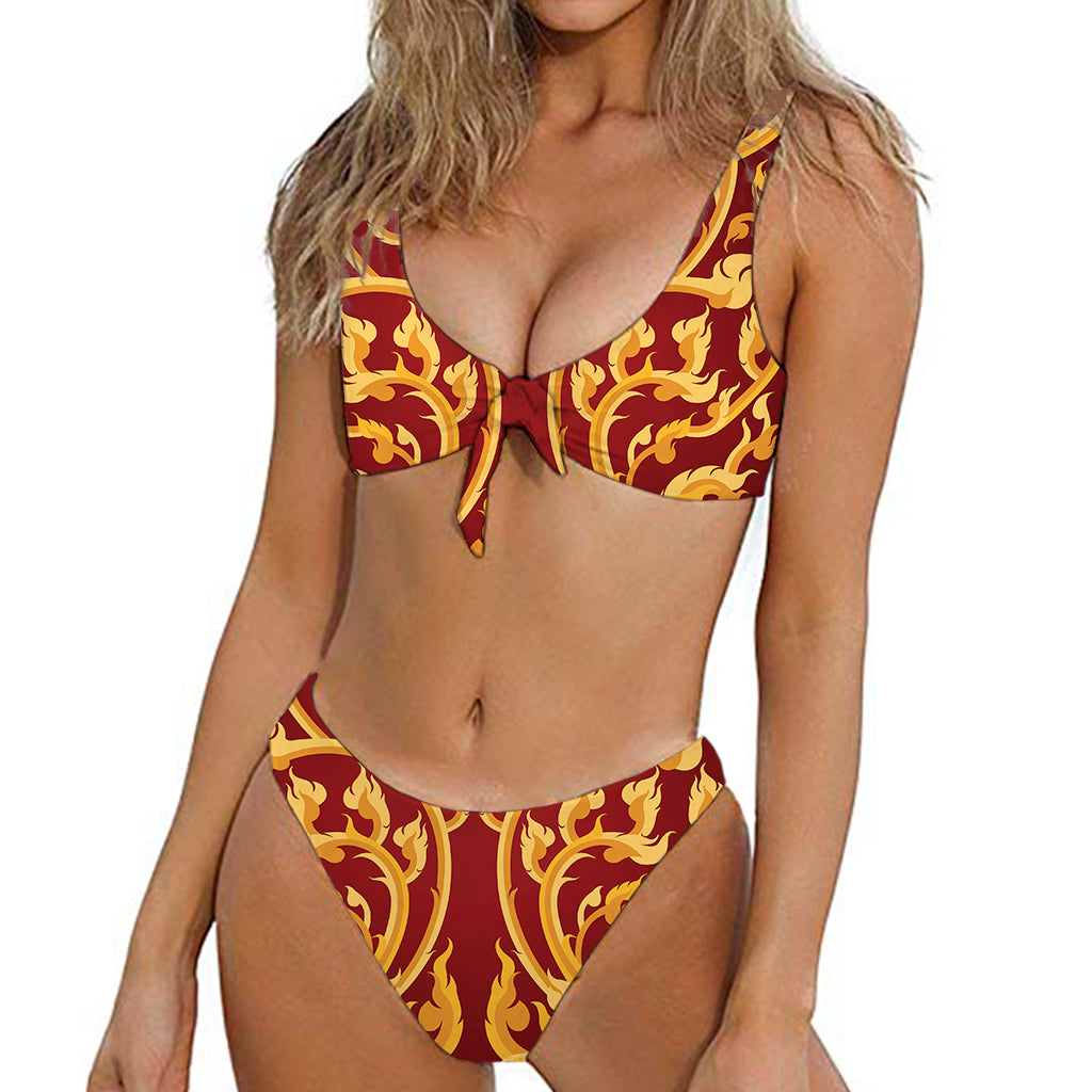 Thai Winding Vines Pattern Print Front Bow Tie Bikini