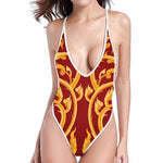 Thai Winding Vines Pattern Print One Piece High Cut Swimsuit