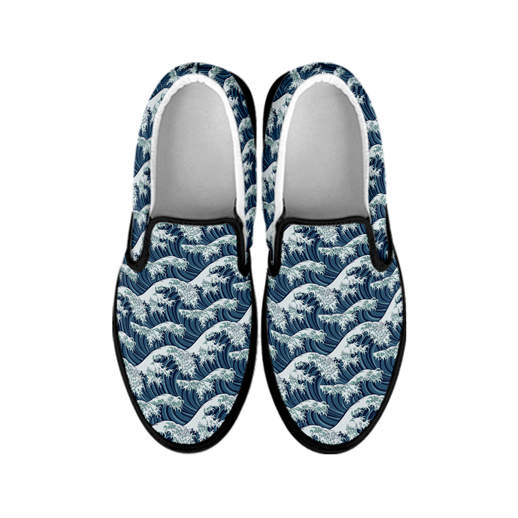 The Great Kanagawa Wave Pattern Print Black Slip On Shoes