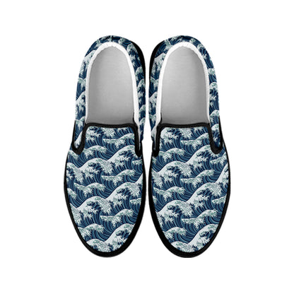 The Great Kanagawa Wave Pattern Print Black Slip On Shoes