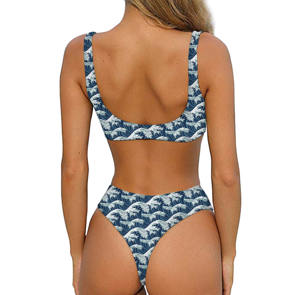 The Great Kanagawa Wave Pattern Print Front Bow Tie Bikini