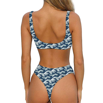 The Great Kanagawa Wave Pattern Print Front Bow Tie Bikini
