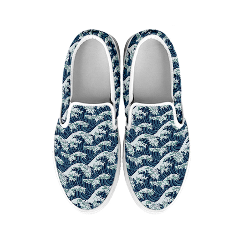 The Great Kanagawa Wave Pattern Print White Slip On Shoes