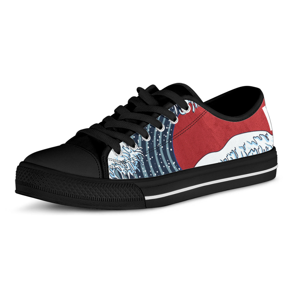 The Great Kanagawa Wave Print Black Low Top Shoes 