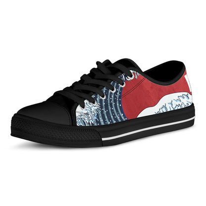 The Great Kanagawa Wave Print Black Low Top Shoes 