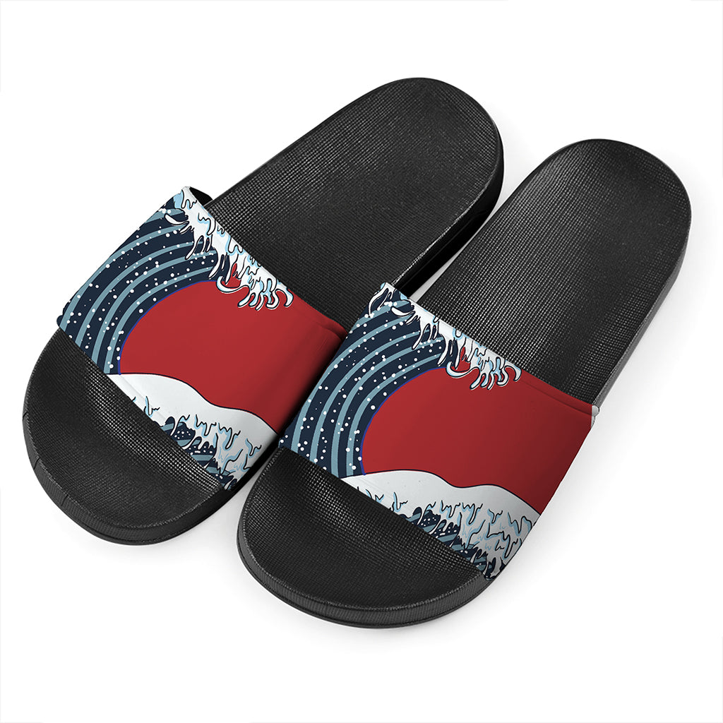 The Great Kanagawa Wave Print Black Slide Sandals
