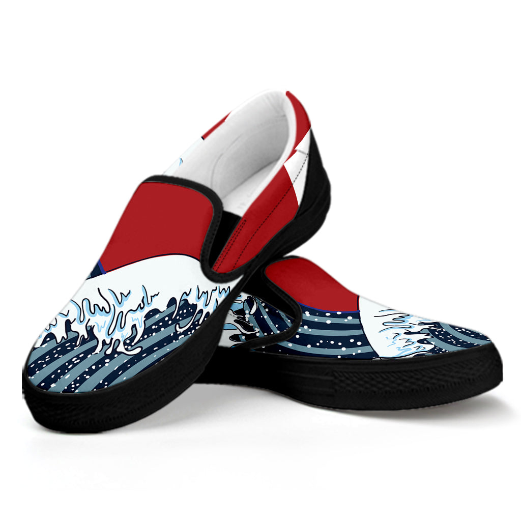 The Great Kanagawa Wave Print Black Slip On Shoes