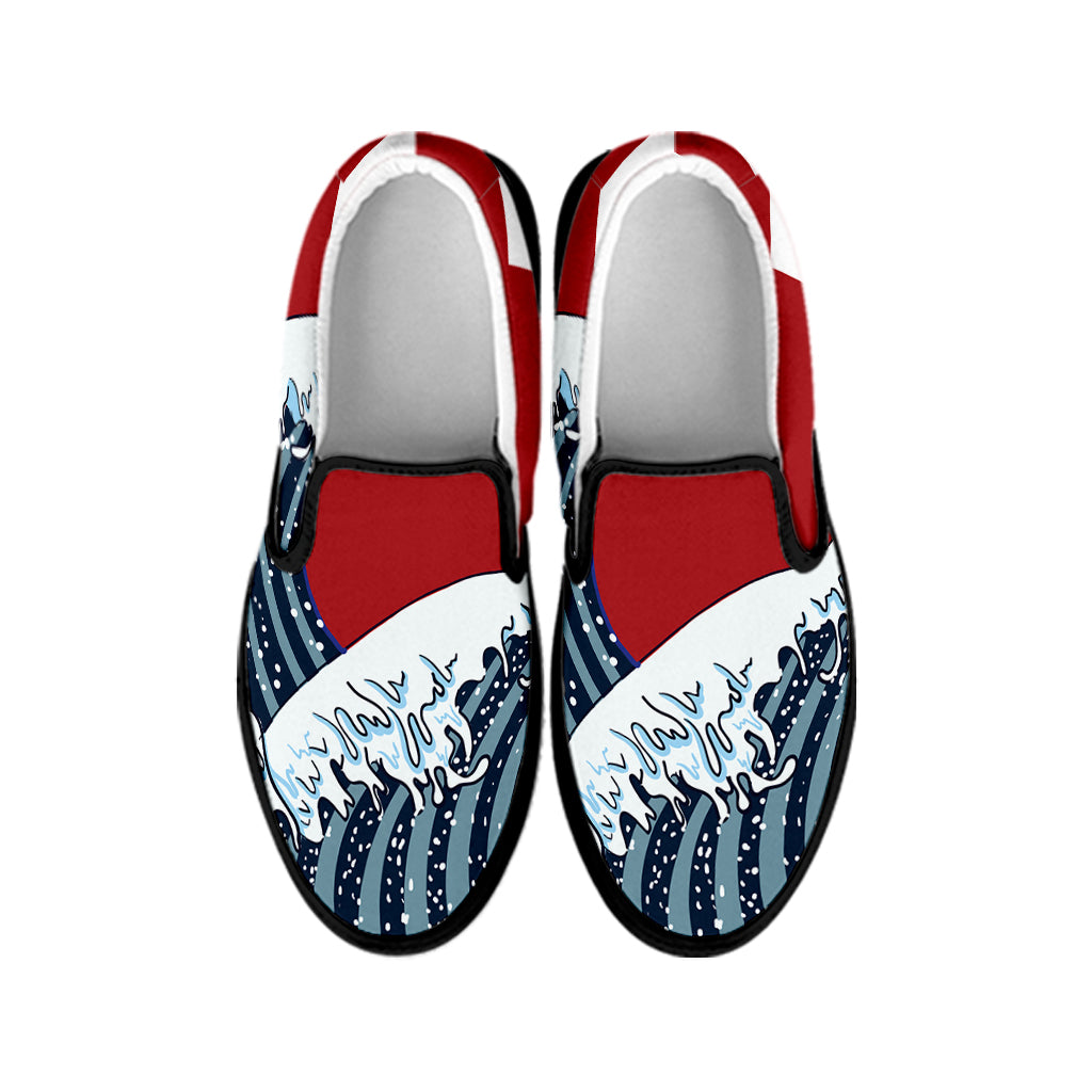 The Great Kanagawa Wave Print Black Slip On Shoes