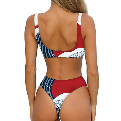 The Great Kanagawa Wave Print Front Bow Tie Bikini