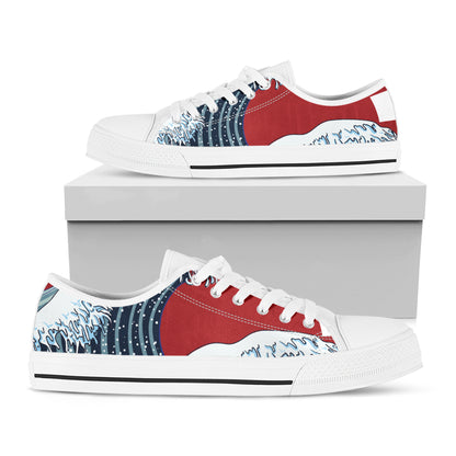 The Great Kanagawa Wave Print White Low Top Shoes