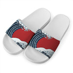 The Great Kanagawa Wave Print White Slide Sandals