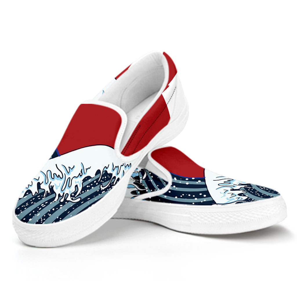 The Great Kanagawa Wave Print White Slip On Shoes