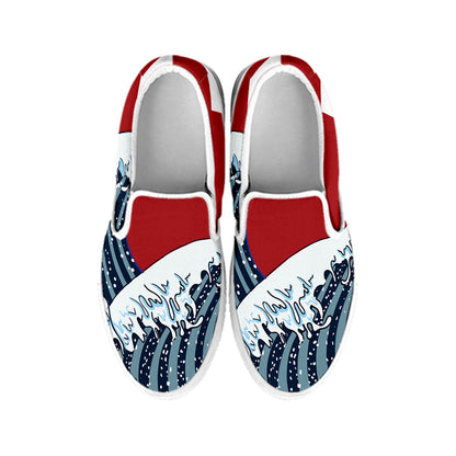 The Great Kanagawa Wave Print White Slip On Shoes