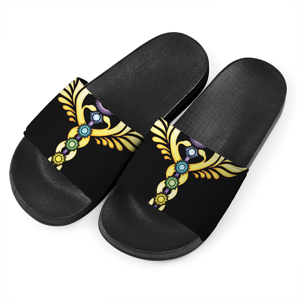 The Seven Chakras Caduceus Print Black Slide Sandals