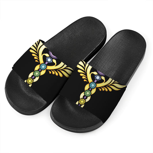 The Seven Chakras Caduceus Print Black Slide Sandals