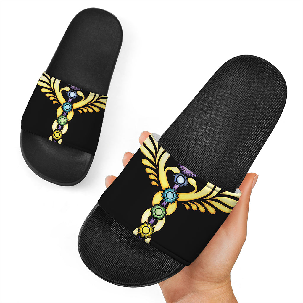 The Seven Chakras Caduceus Print Black Slide Sandals