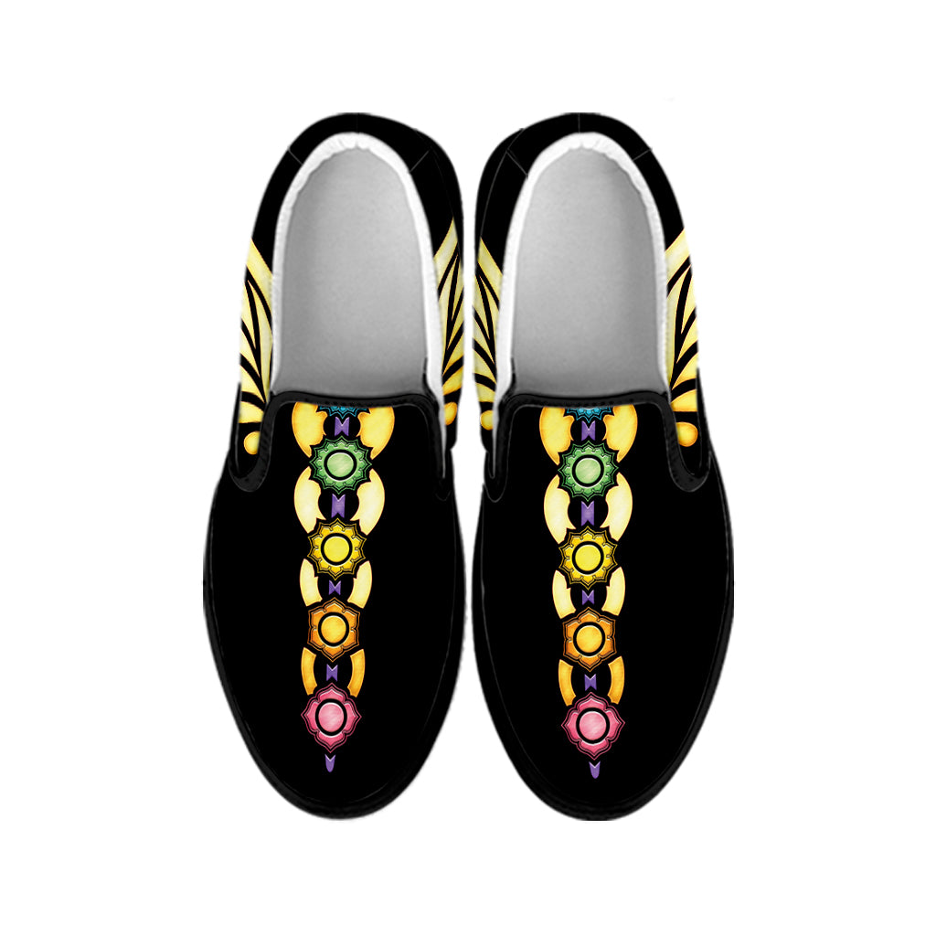 The Seven Chakras Caduceus Print Black Slip On Shoes