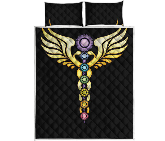 The Seven Chakras Caduceus Print Quilt Bed Set