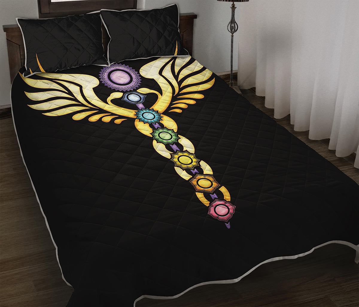 The Seven Chakras Caduceus Print Quilt Bed Set