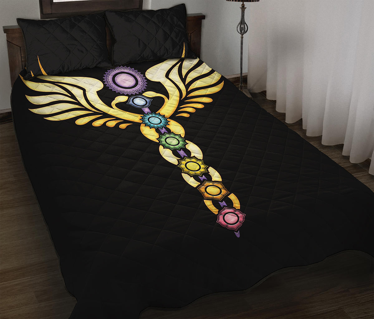 The Seven Chakras Caduceus Print Quilt Bed Set