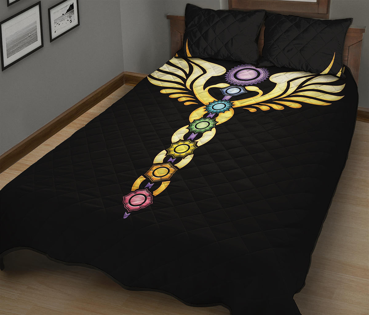 The Seven Chakras Caduceus Print Quilt Bed Set