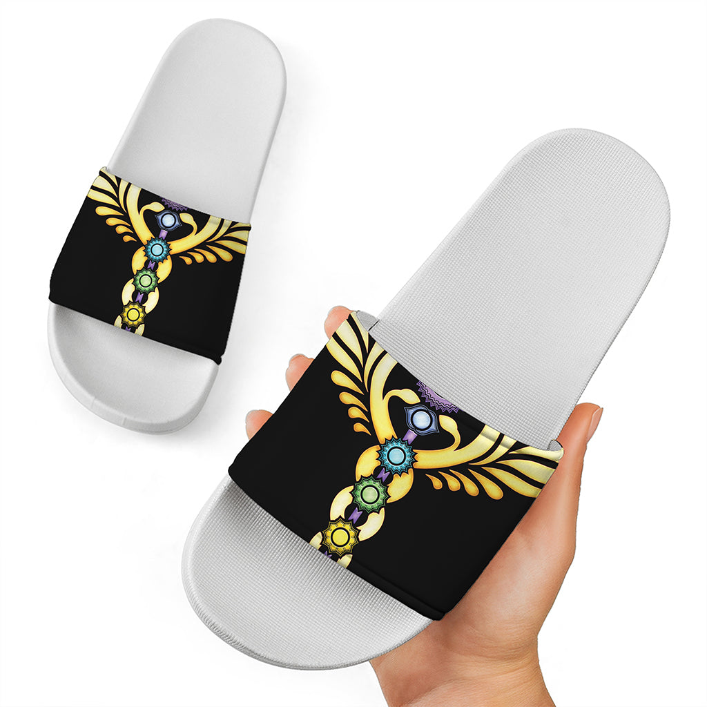 The Seven Chakras Caduceus Print White Slide Sandals