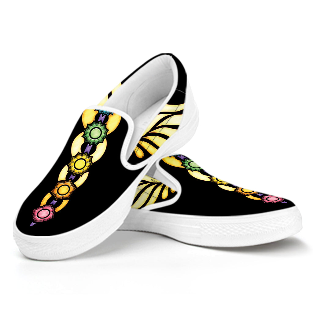 The Seven Chakras Caduceus Print White Slip On Shoes