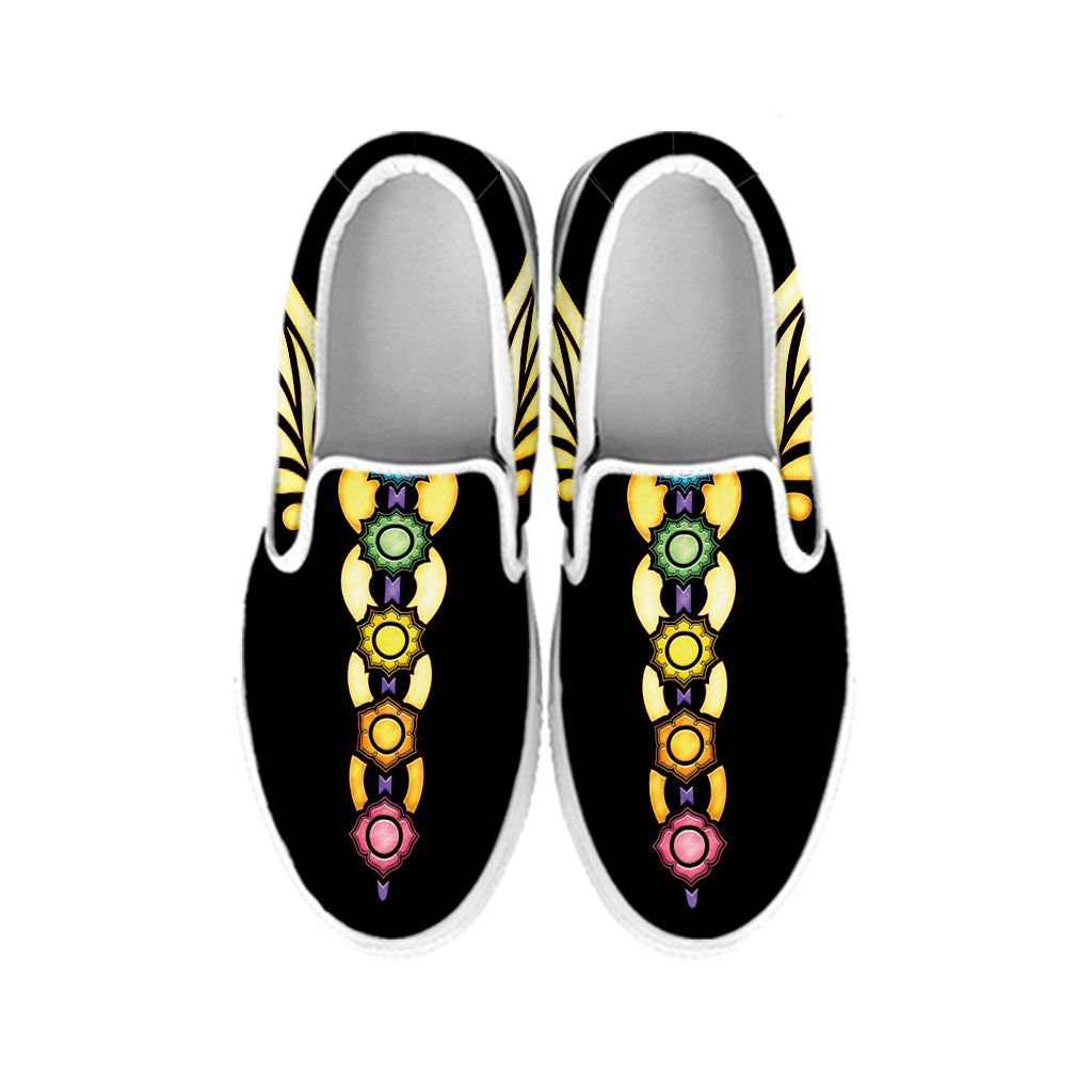 The Seven Chakras Caduceus Print White Slip On Shoes