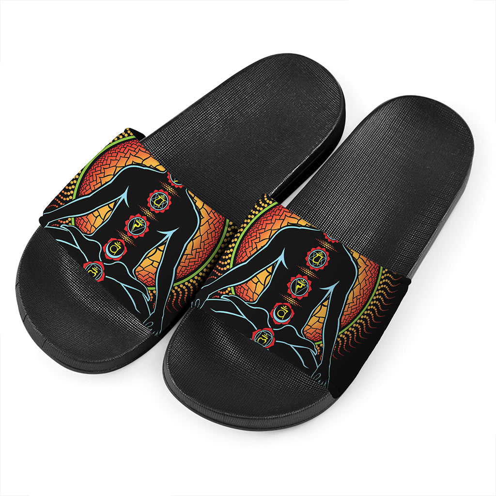 The Seven Chakras Print Black Slide Sandals