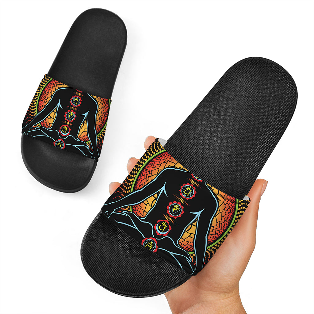The Seven Chakras Print Black Slide Sandals
