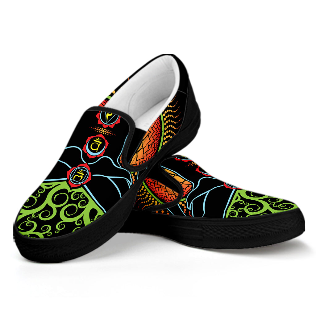 The Seven Chakras Print Black Slip On Shoes