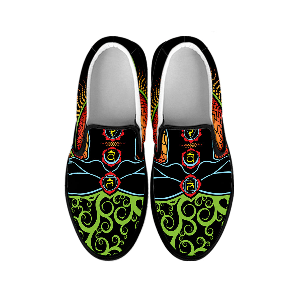 The Seven Chakras Print Black Slip On Shoes