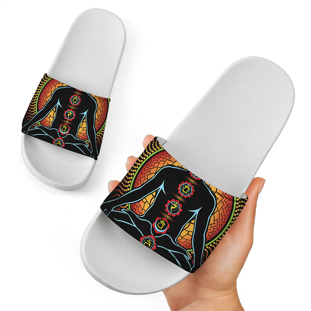 The Seven Chakras Print White Slide Sandals