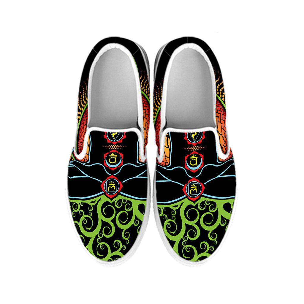 The Seven Chakras Print White Slip On Shoes
