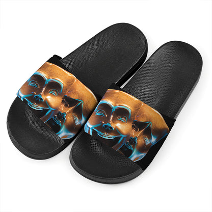 The Sock And Buskin Theatre Masks Print Black Slide Sandals