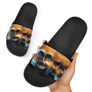 The Sock And Buskin Theatre Masks Print Black Slide Sandals