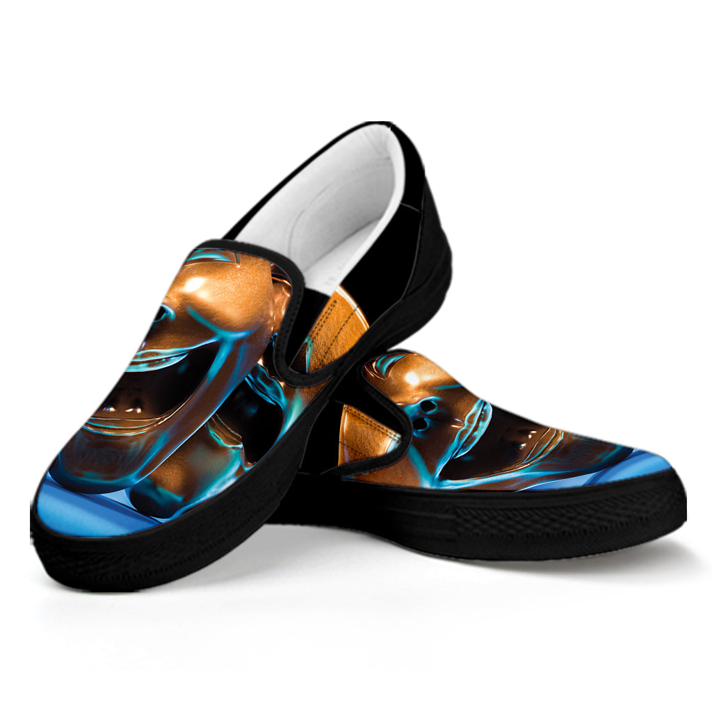 The Sock And Buskin Theatre Masks Print Black Slip On Shoes