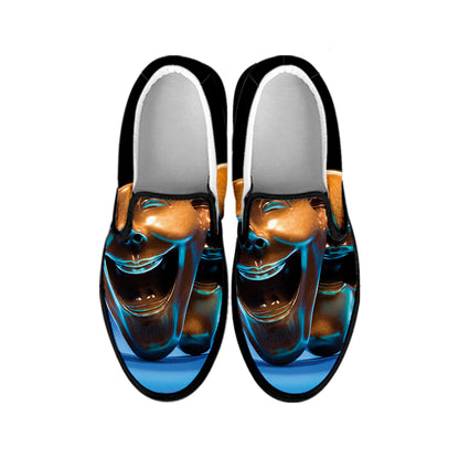 The Sock And Buskin Theatre Masks Print Black Slip On Shoes